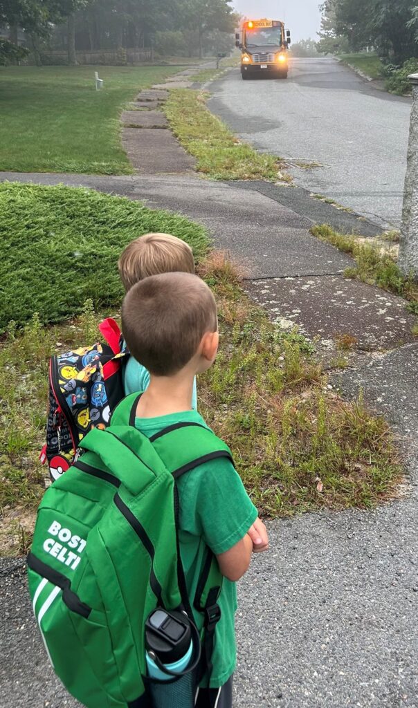 Two young boys wait for the school bus as it comes down the street.