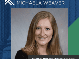 This image contains a headshot of Attorney Michaela Weaver, a trial attorney at Keches Law Group. Attorney Weaver is a Caucasian-appearing woman with strawberry blonde hair. The text on the graphic reads "Congratulations Michaela Weaver" at the top. The text on the bottom of the graphic reads "Attorney Michaela Weaver has been named an Up & Coming Lawyer by Massachusetts Lawyers Weekly!"