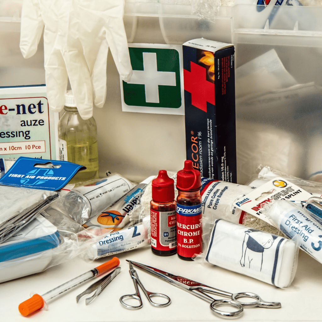 Items from an emergency kit such as gauze, first-aid dressing, and bandages.