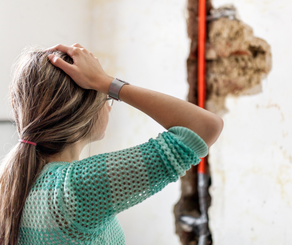 A Caucasian-appearing woman wearing a green sweater with her hand on her head, looking at a water leak on the wall.  