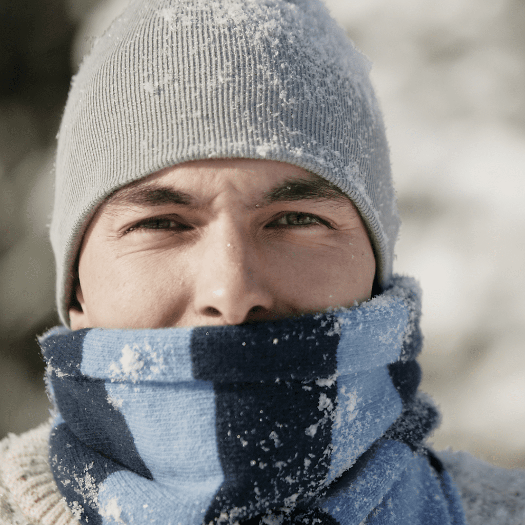 A man wears a scarf and hat with some snow on them.